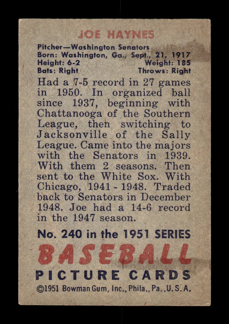 1951 Bowman #240 Joe Haynes Very Good HOF-10001932