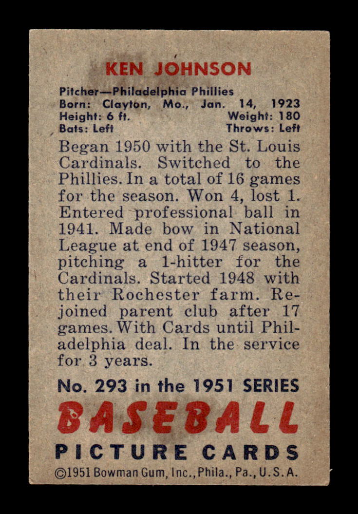 1951 Bowman #293 Ken Johnson Very Good HOF-10001938