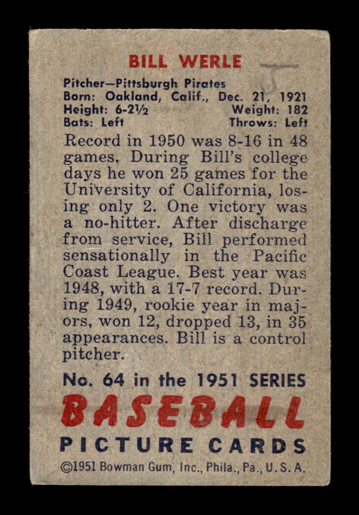 1951 Bowman #64 Bill Werle Poor HOF-10001943
