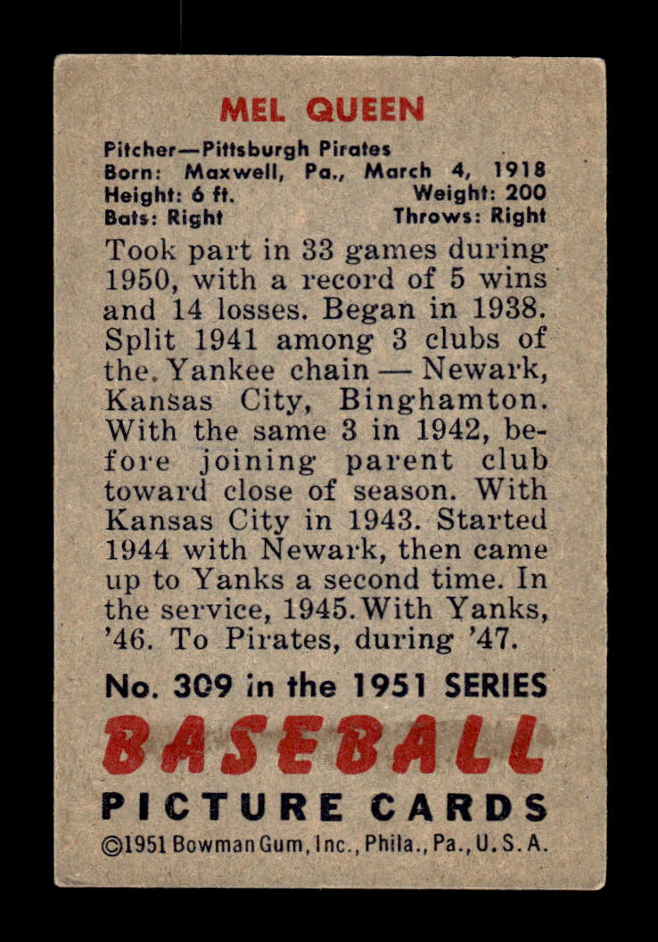 1951 Bowman #309 Mel Queen Very Good HOF-10001949