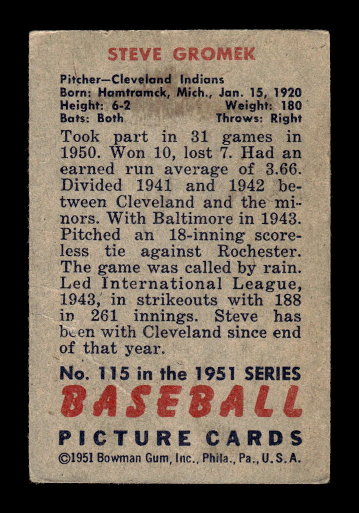 1951 Bowman #115 Steve Gromek Very Good HOF-10001956