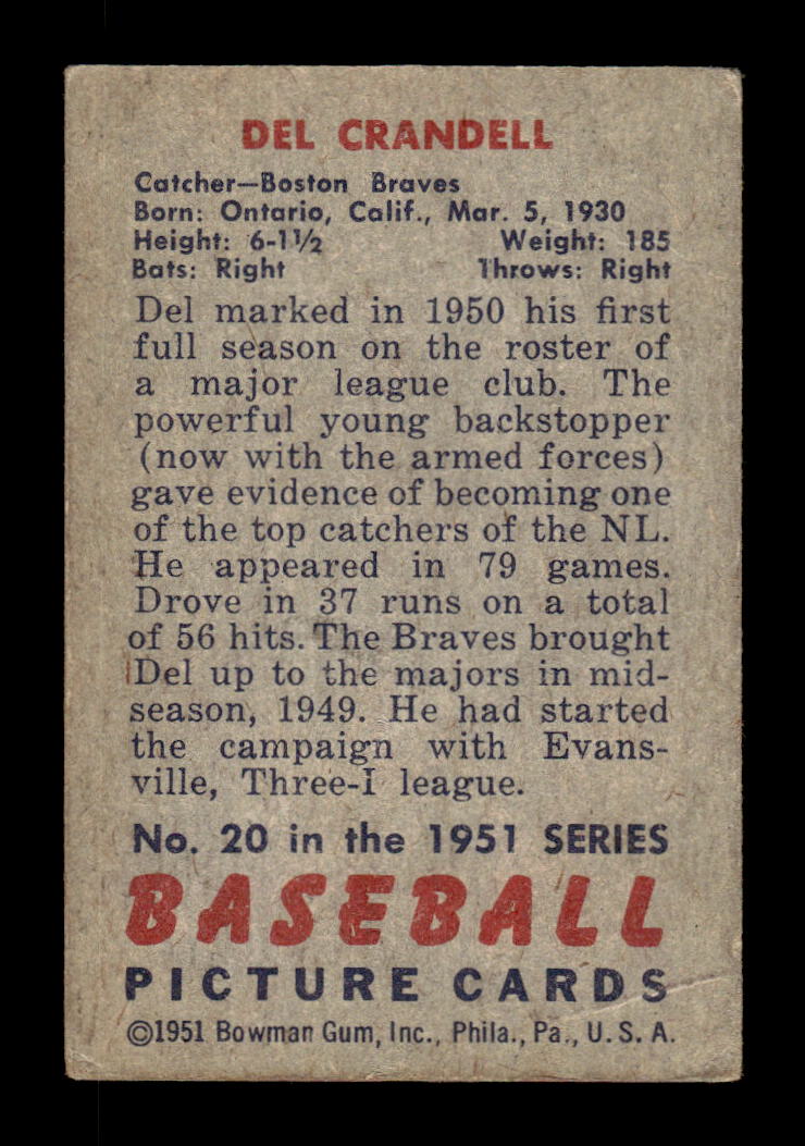 1951 Bowman #20 Del Crandall Very Good HOF-10001984