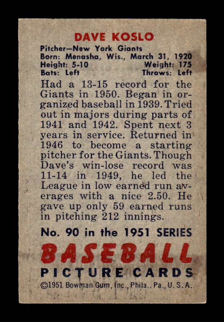 1951 Bowman #90 Dave Koslo Very Good HOF-10001985