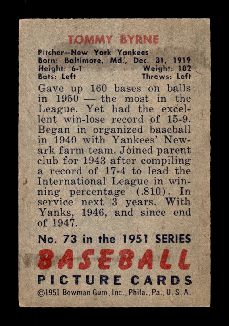 1951 Bowman #73 Tommy Byrne Poor HOF-10001992