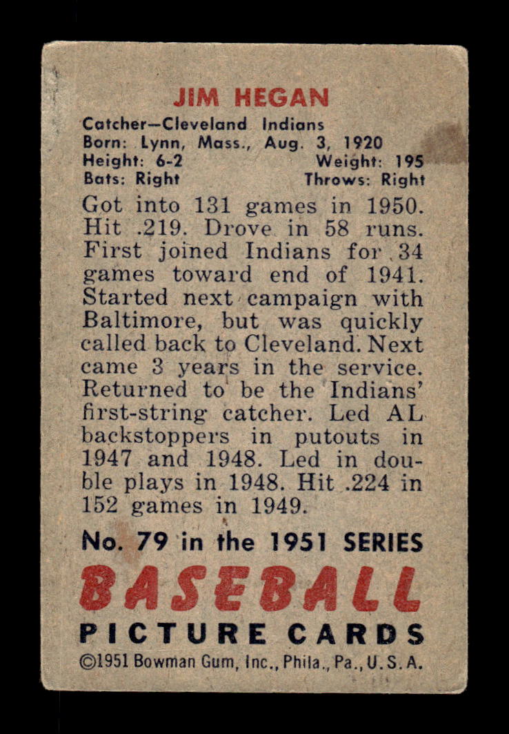 1951 Bowman #79 Jim Hegan Very Good HOF-10001997