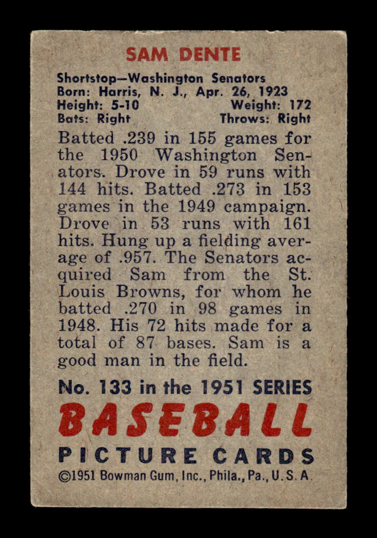 1951 Bowman #133 Sam Dente Very Good HOF-10002000