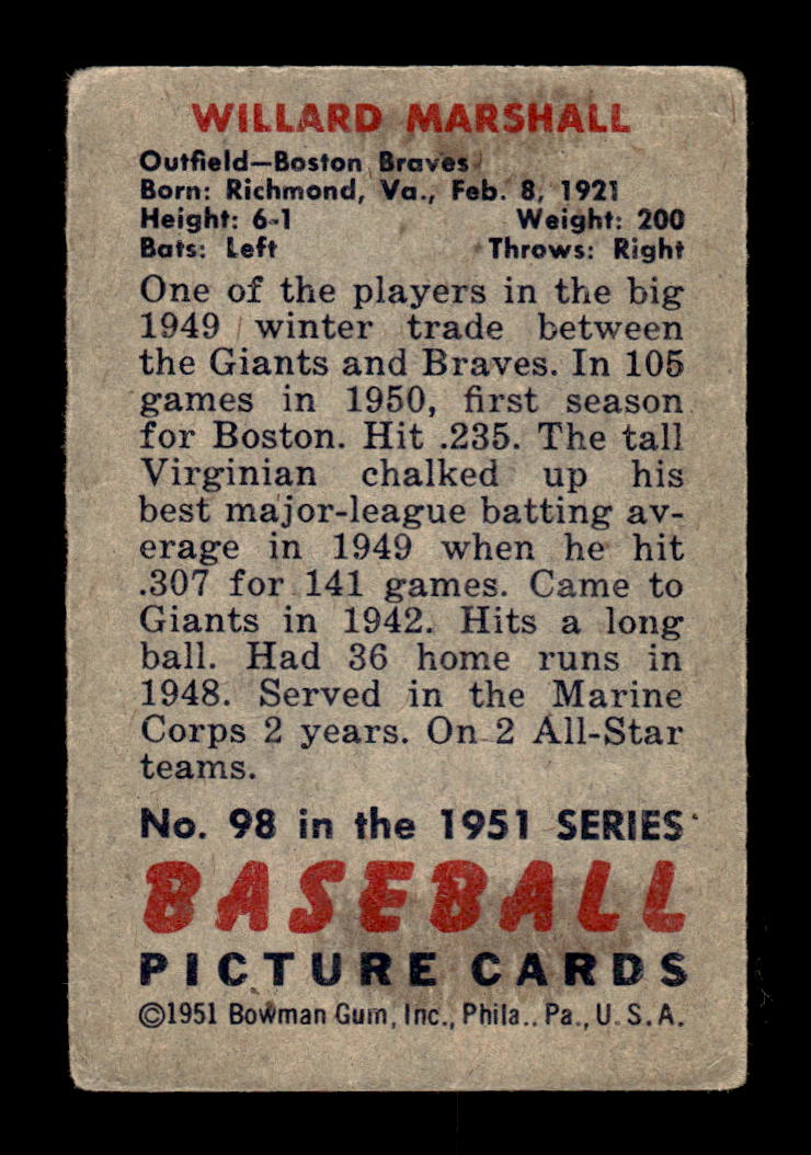 1951 Bowman #98 Willard Marshall Very Good HOF-10002001