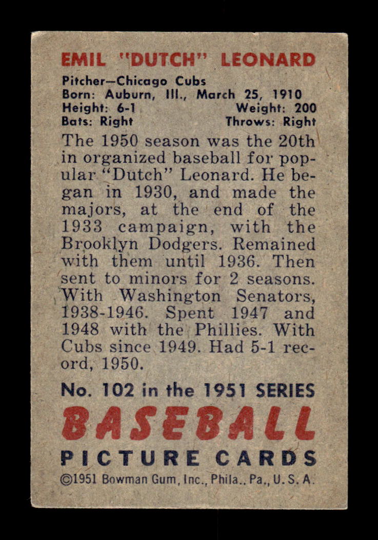 1951 Bowman #102 Dutch Leonard Very Good HOF-10002003