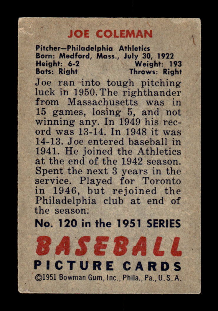 1951 Bowman #120 Joe Coleman Very Good HOF-10002005
