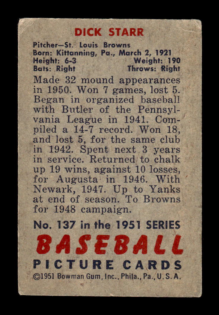 1951 Bowman #137 Dick Starr Very Good HOF-10002013