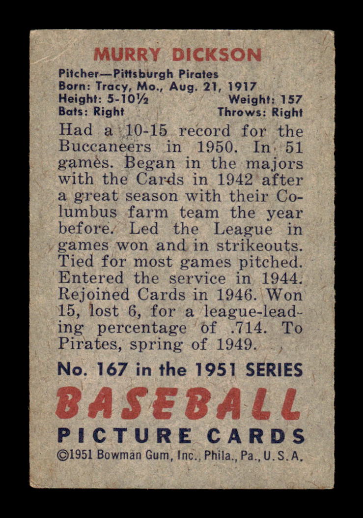 1951 Bowman #167 Murry Dickson Very Good HOF-10002015