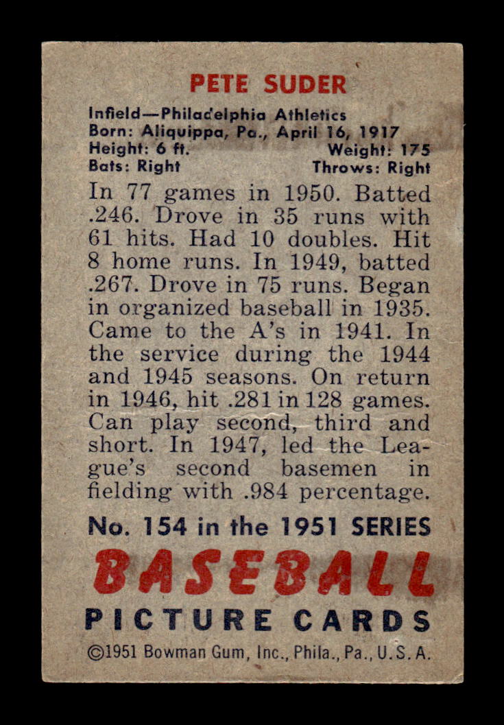 1951 Bowman #154 Pete Suder Very Good HOF-10002016