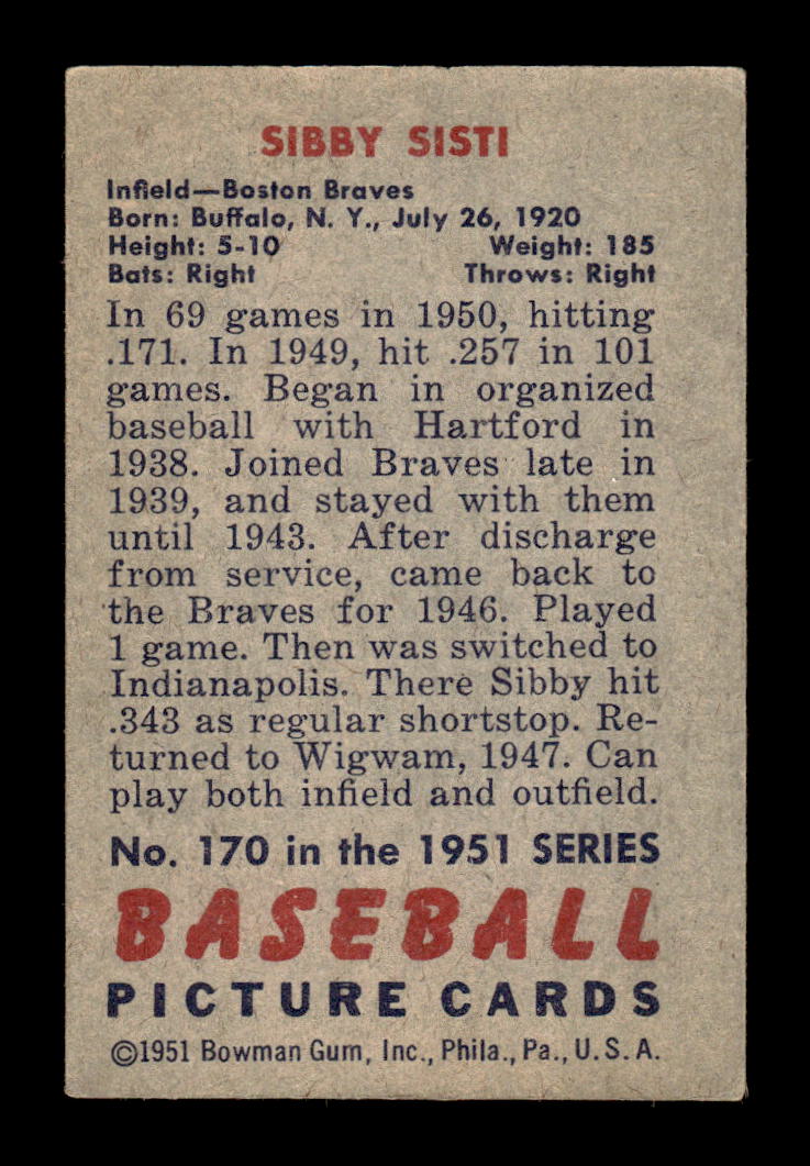 1951 Bowman #170 Sibby Sisti Very Good HOF-10002018