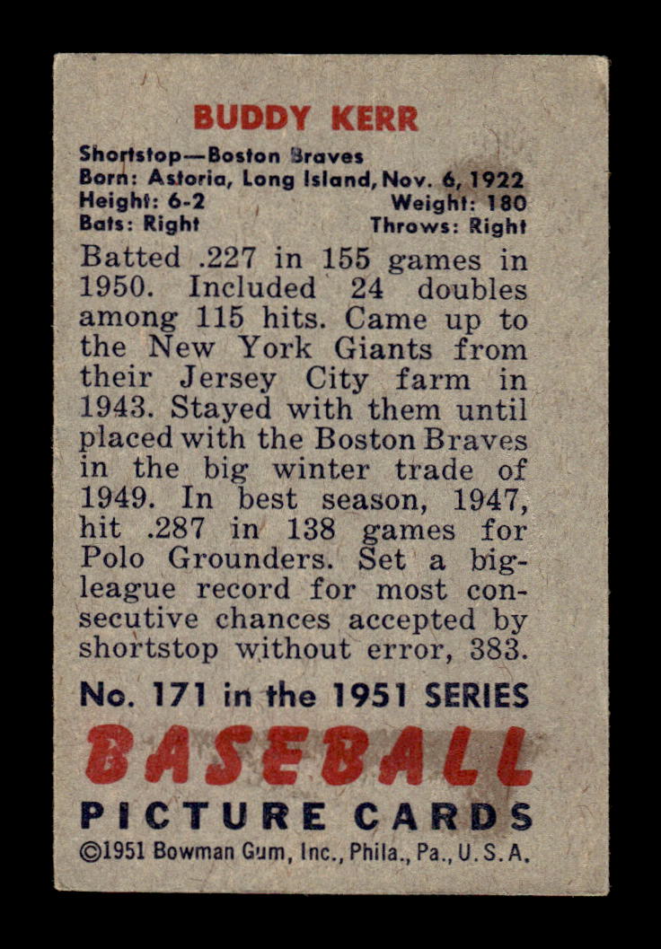 1951 Bowman #171 Buddy Kerr Very Good HOF-10002019