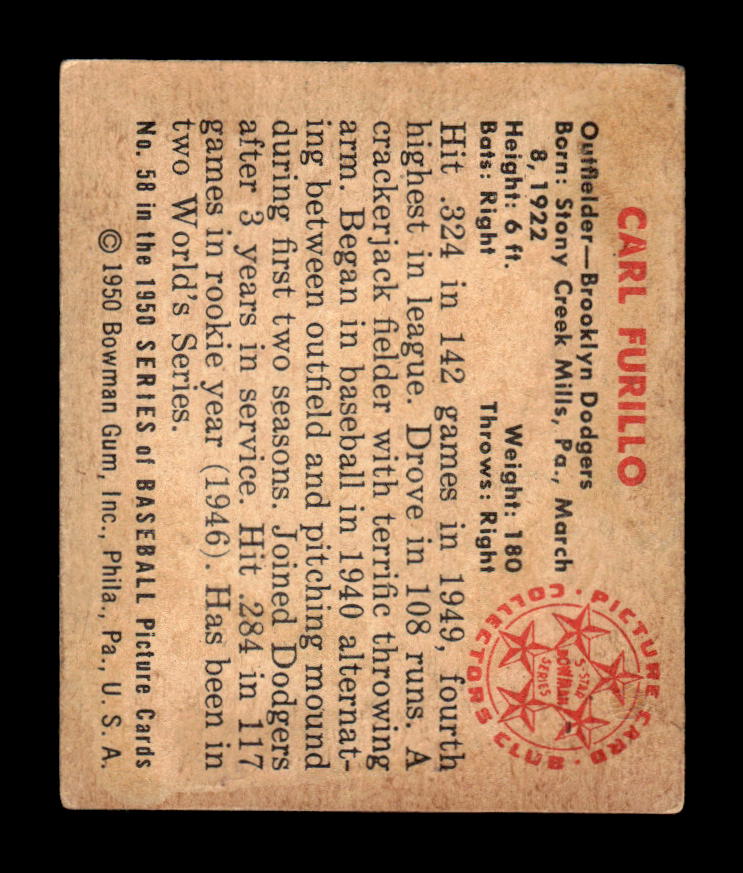 1950 Bowman #58 Carl Furillo Very Good HOF-10002029