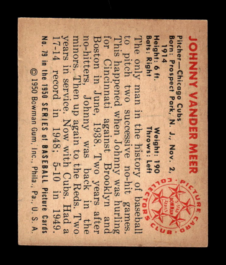 1950 Bowman #79 Johnny Vander Meer Very Good HOF-10002034