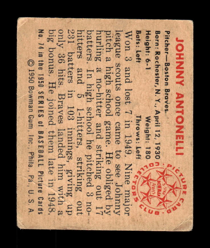 1950 Bowman #74 Johnny Antonelli Very Good HOF-10002035