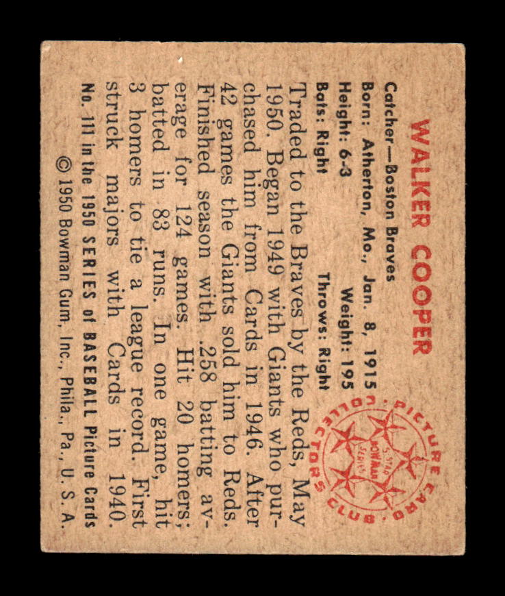 1950 Bowman #111 Walker Cooper Very Good HOF-10002043