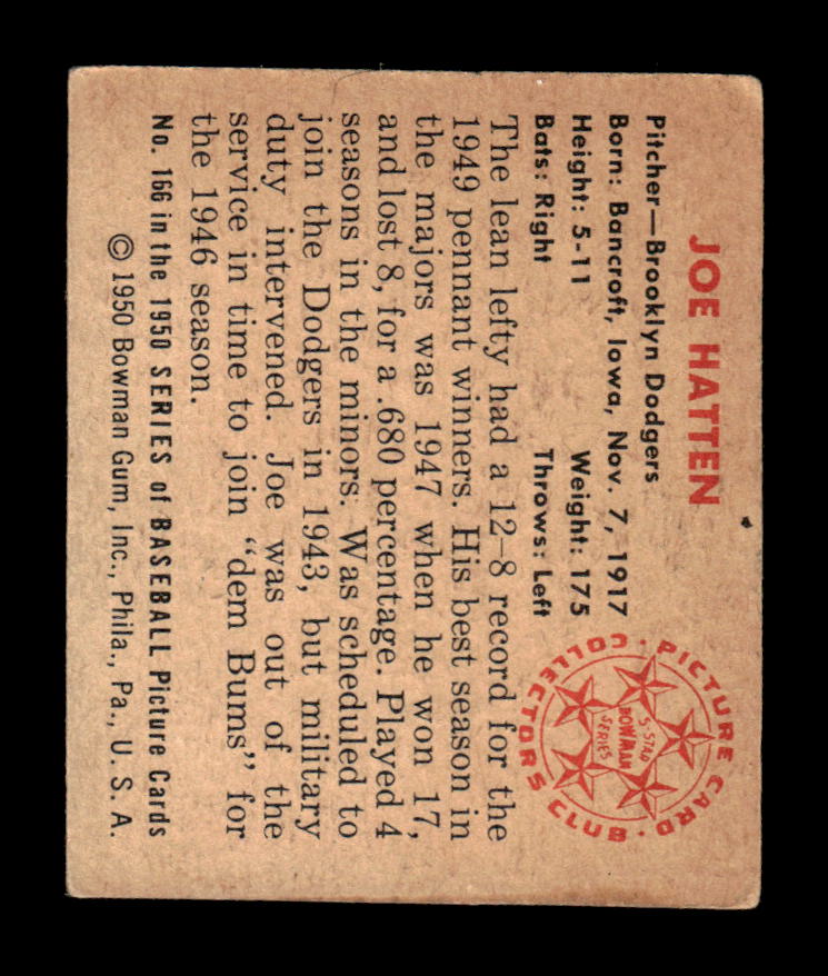 1950 Bowman #166 Joe Hatten Very Good HOF-10002049