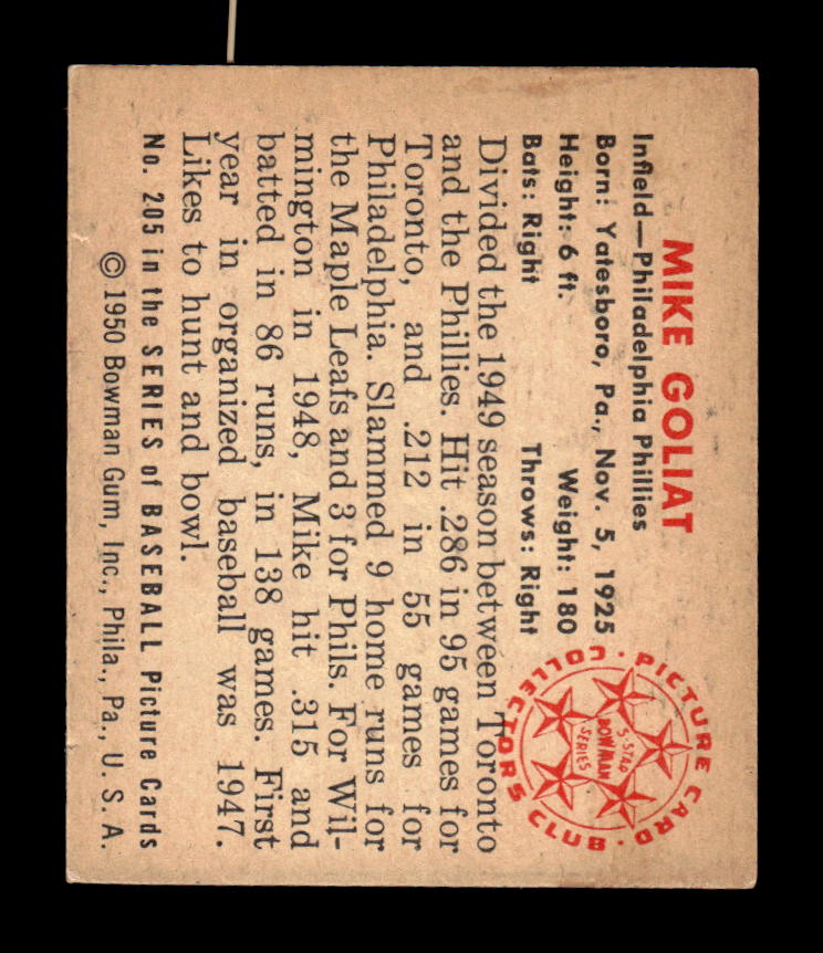 1950 Bowman #205 Mike Goliat Very Good HOF-10002051