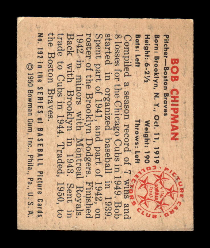 1950 Bowman #192 Bob Chipman Very Good HOF-10002058