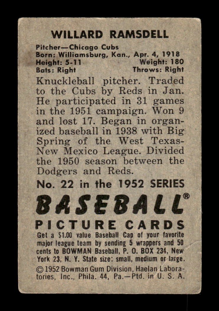1952 Bowman #22 Willard Ramsdell Very Good HOF-10002060