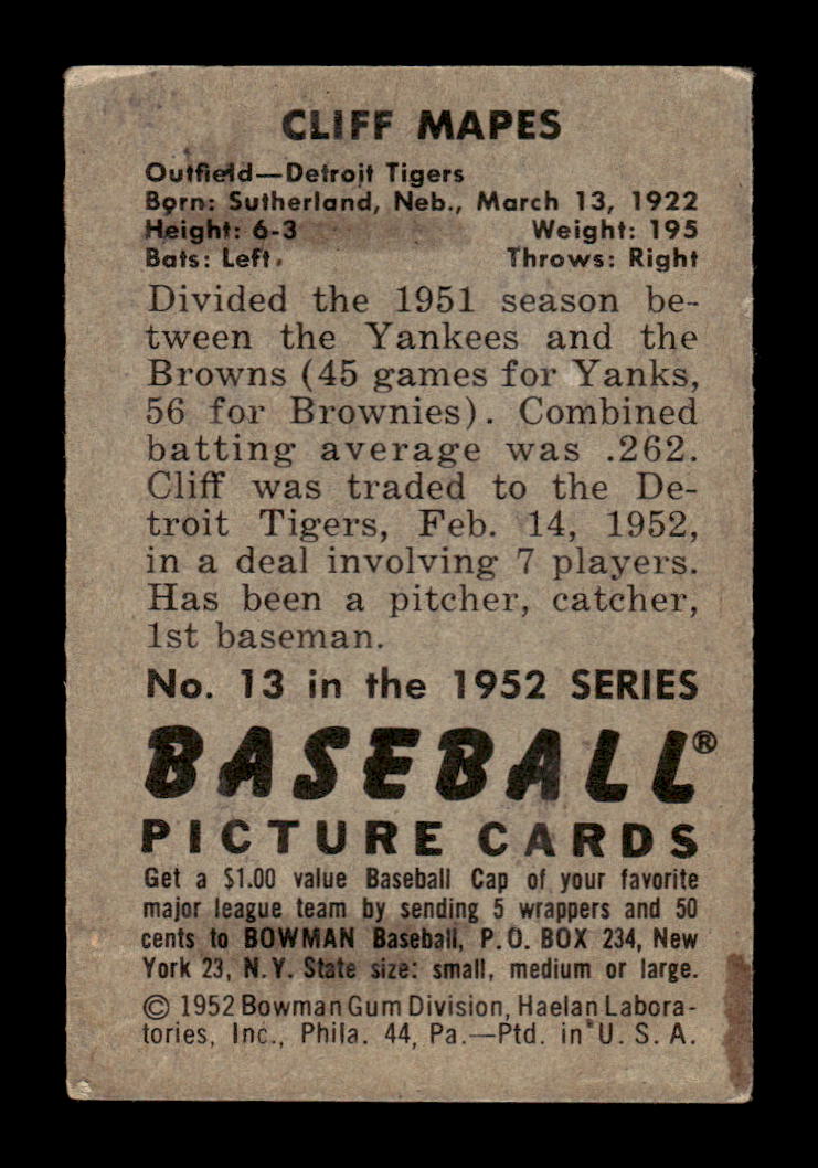 1952 Bowman #13 Cliff Mapes Very Good HOF-10002065