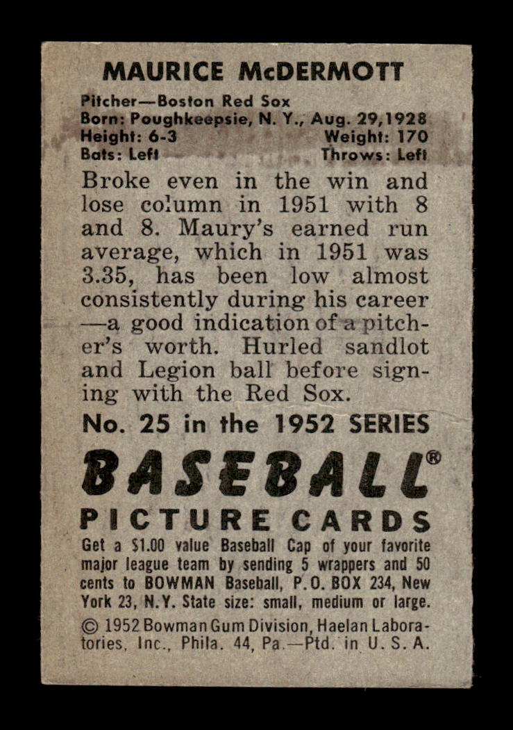 1952 Bowman #25 Maurice McDermott Very Good HOF-10002068