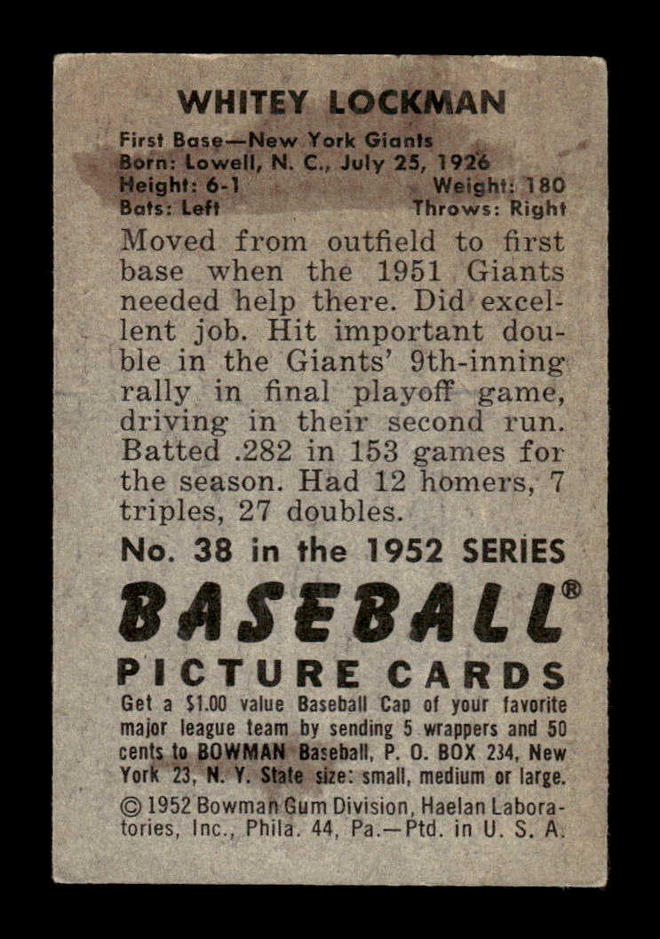 1952 Bowman #38 Whitey Lockman Very Good HOF-10002071