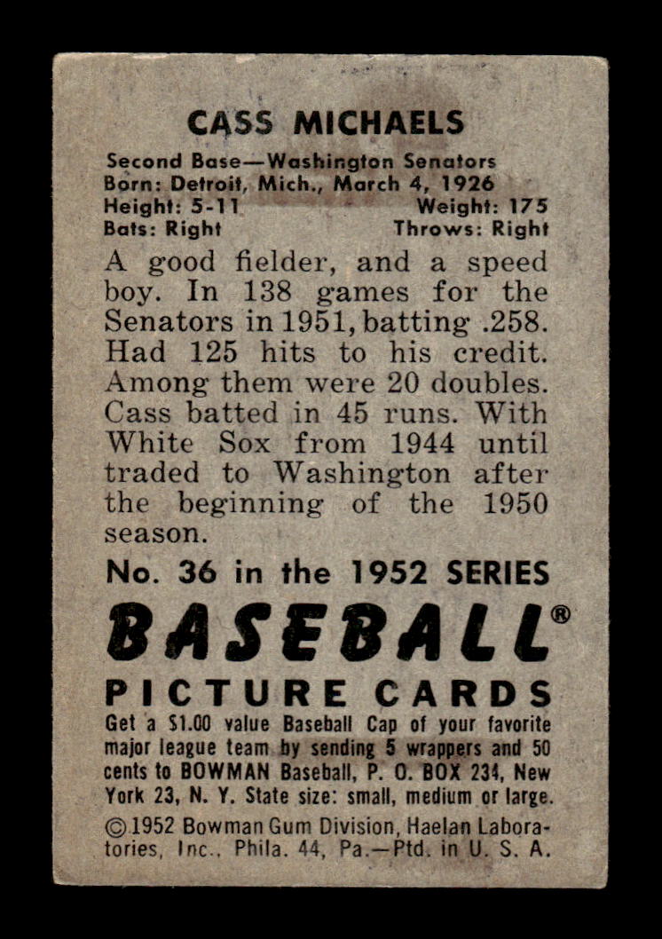 1952 Bowman #36 Cass Michaels Very Good HOF-10002072
