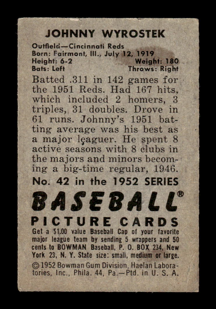 1952 Bowman #42 Johnny Wyrostek Very Good HOF-10002074