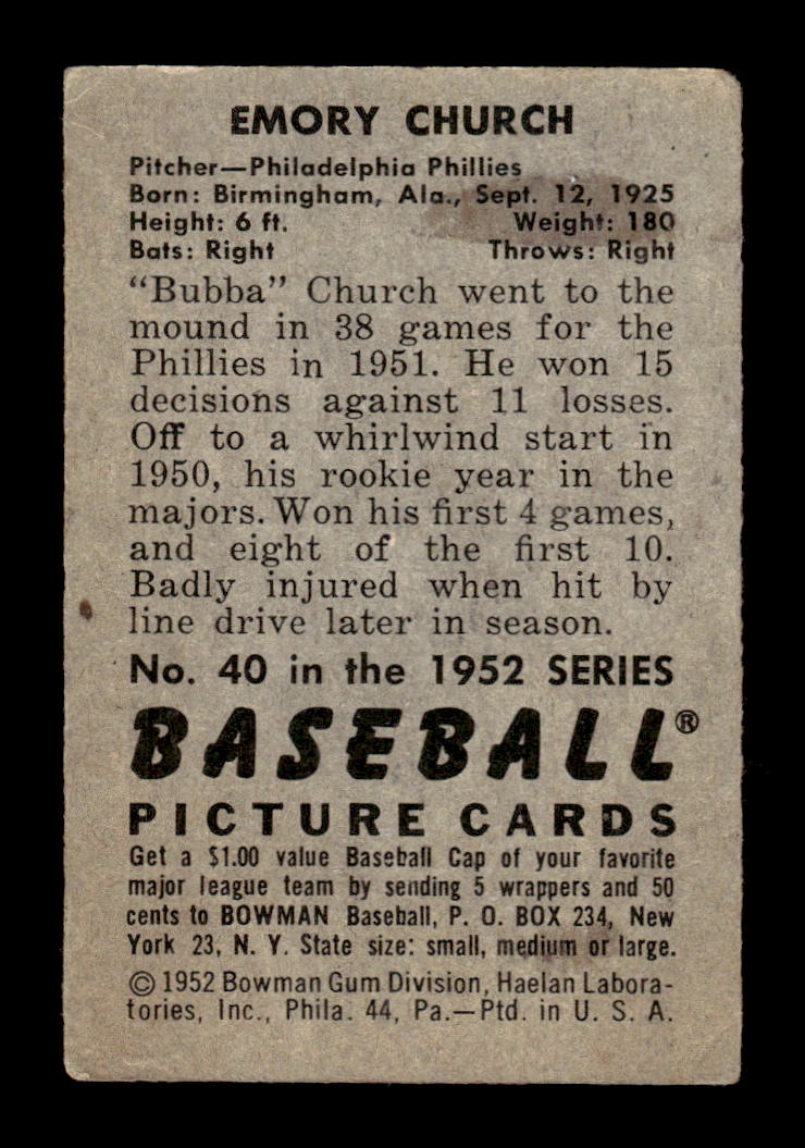 1952 Bowman #40 Bubba Church Very Good HOF-10002075