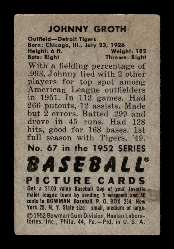 1952 Bowman #67 Johnny Groth Very Good HOF-10002085