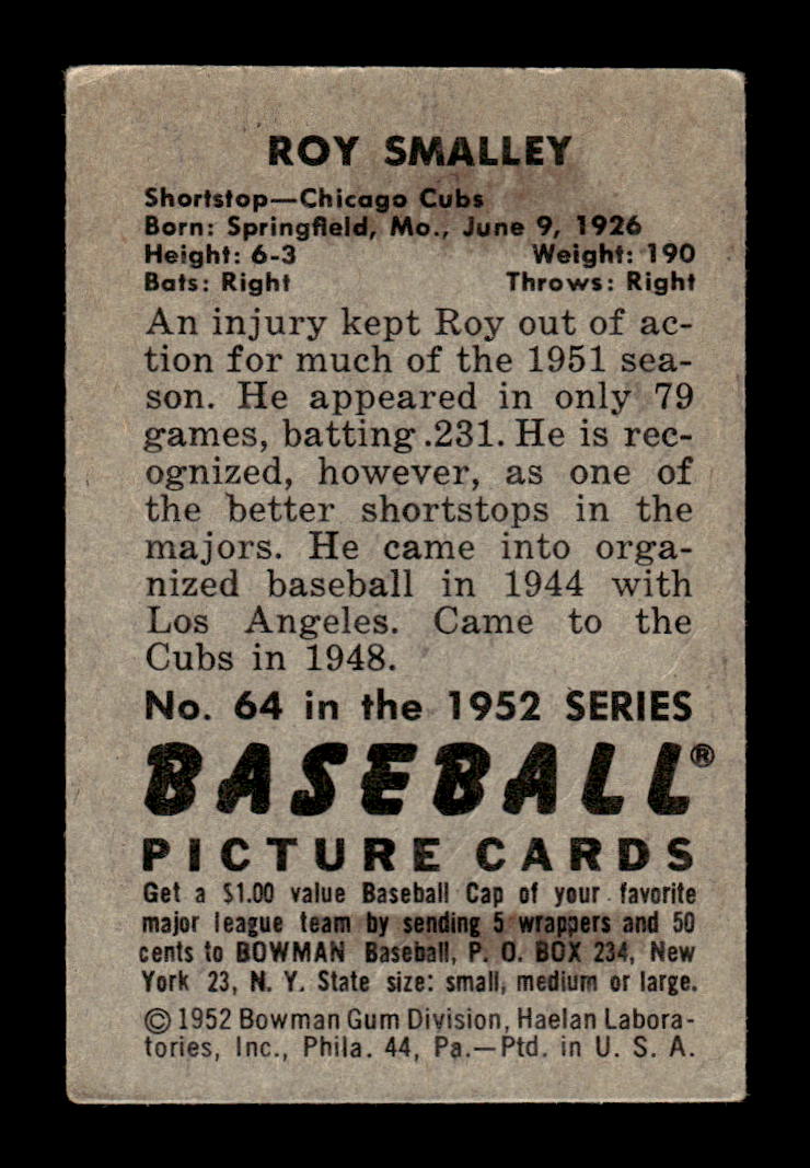 1952 Bowman #64 Roy Smalley Very Good HOF-10002086
