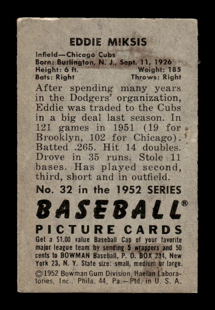 1952 Bowman #32 Eddie Miksis Very Good HOF-10002087