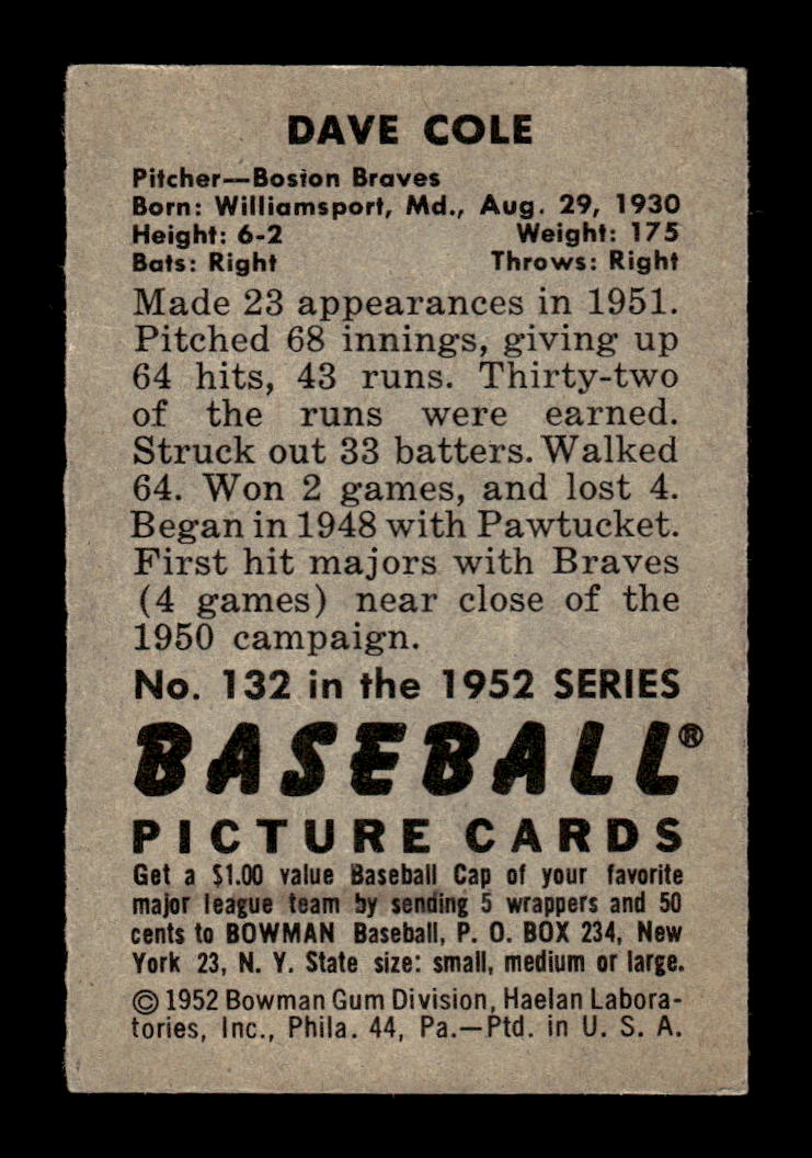 1952 Bowman #132 Dave Cole Very Good HOF-10002088