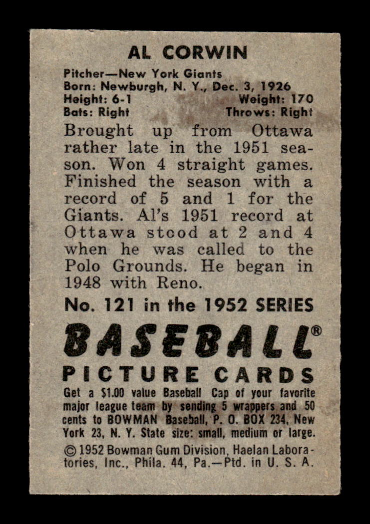 1952 Bowman #121 Al Corwin Very Good HOF-10002089