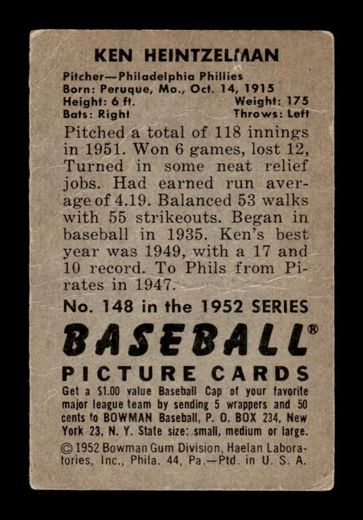 1952 Bowman #148 Ken Heintzelman Very Good HOF-10002090