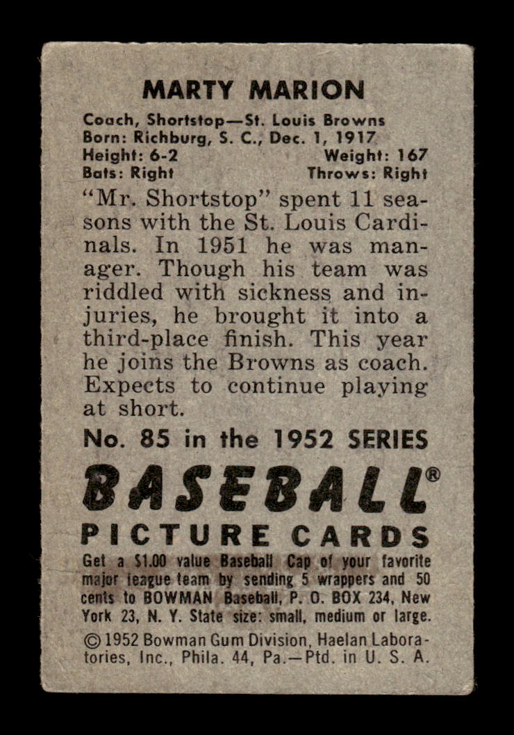 1952 Bowman #85 Marty Marion Very Good HOF-10002093