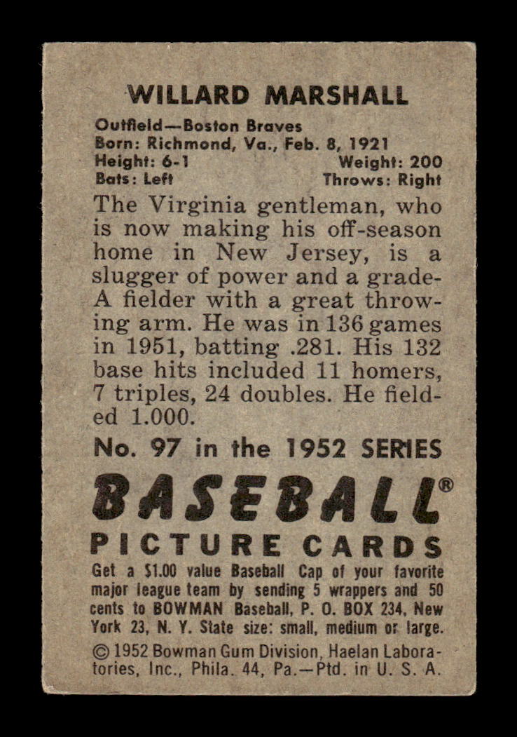 1952 Bowman #97 Willard Marshall Very Good HOF-10002095