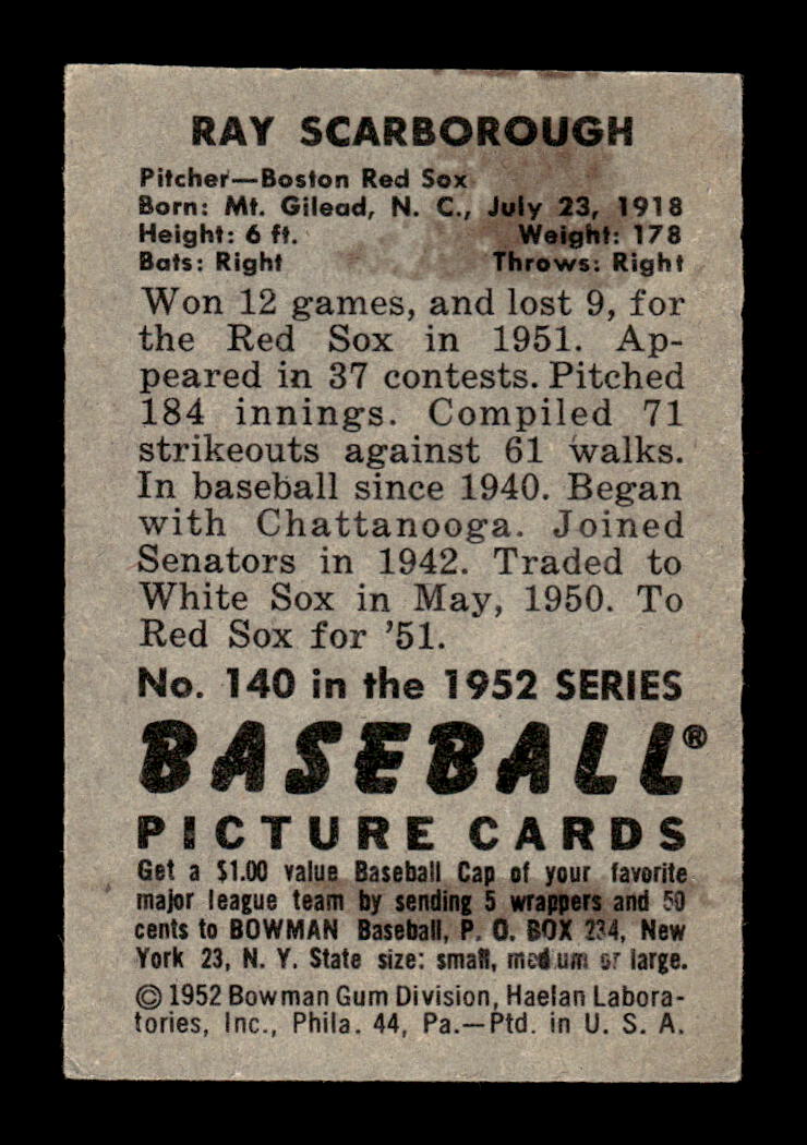 1952 Bowman #140 Ray Scarborough Very Good HOF-10002100