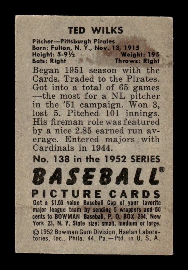 1952 Bowman #138 Ted Wilks Very Good HOF-10002101
