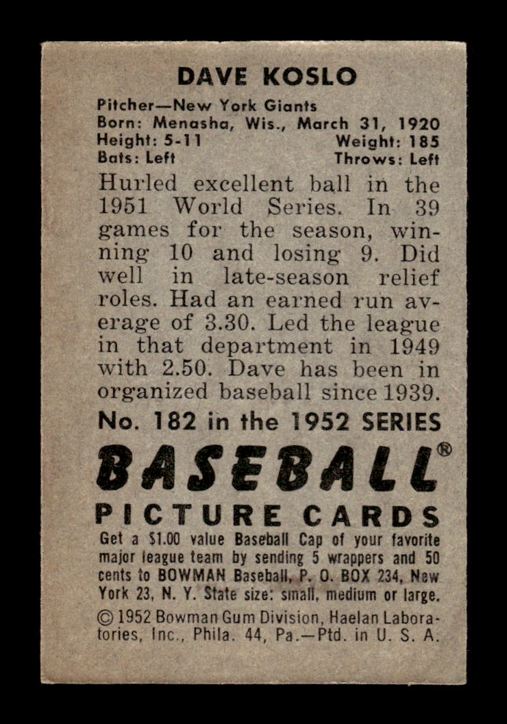 1952 Bowman #182 Dave Koslo Very Good HOF-10002103