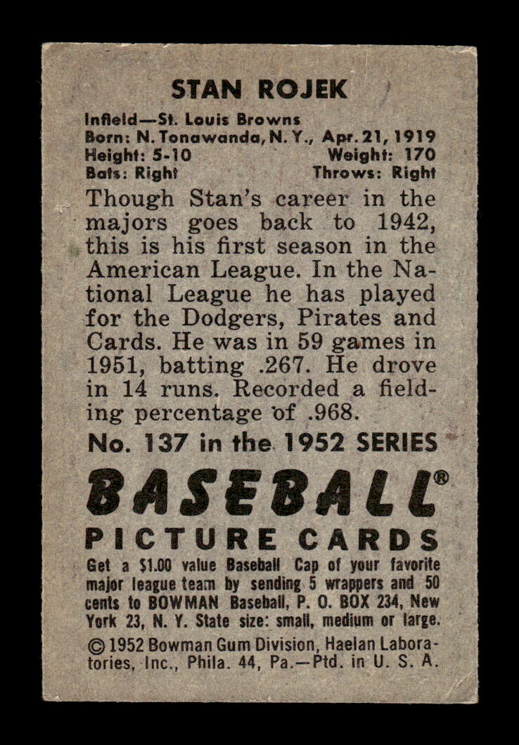1952 Bowman #137 Stan Rojek Very Good HOF-10002105