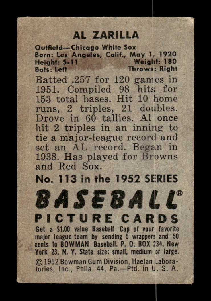 1952 Bowman #113 Al Zarilla Poor HOF-10002112