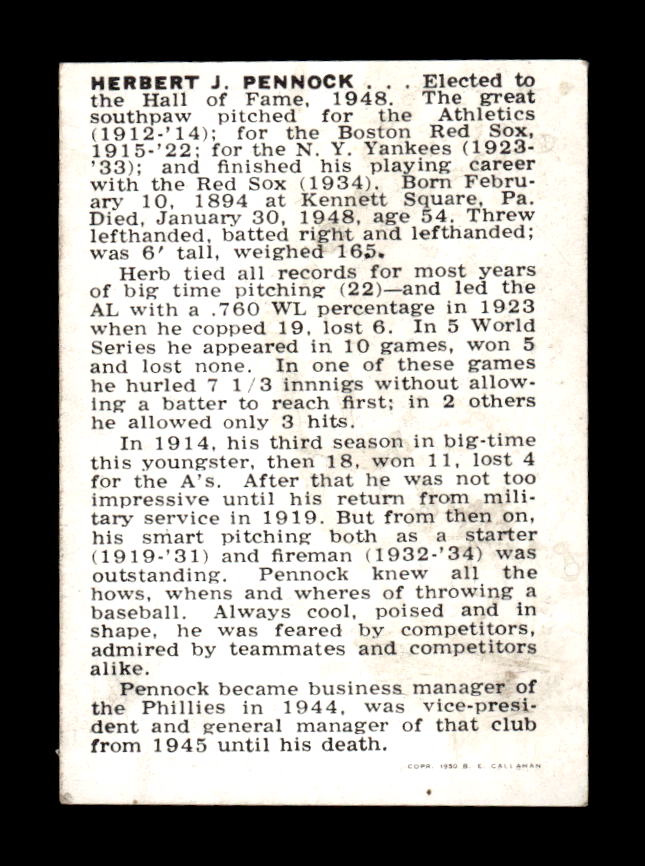 1950-56 Callahan Hall of Fame #NNO Herb Pennock Excellent HOF-10002146