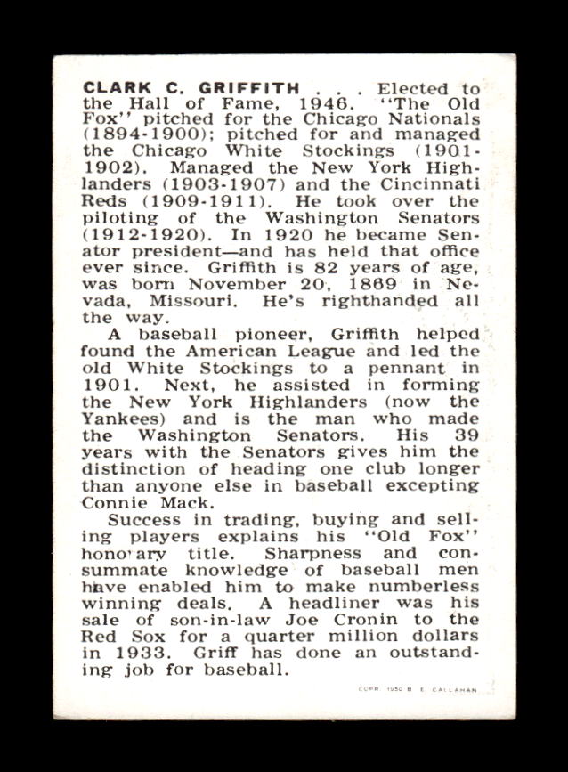 1950-56 Callahan Hall of Fame #NNO Clark Griffith Excellent HOF-10002147