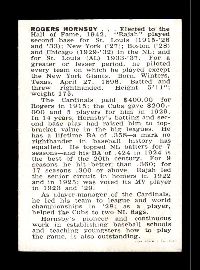 1950-56 Callahan Hall of Fame #NNO Rogers Hornsby Excellent HOF-10002151