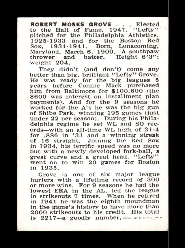 1950-56 Callahan Hall of Fame #NNO Lefty Grove Excellent HOF-10002153