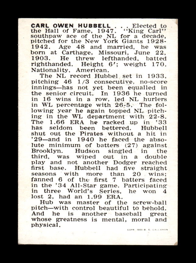 1950-56 Callahan Hall of Fame #NNO Carl Hubbell Excellent HOF-10002159